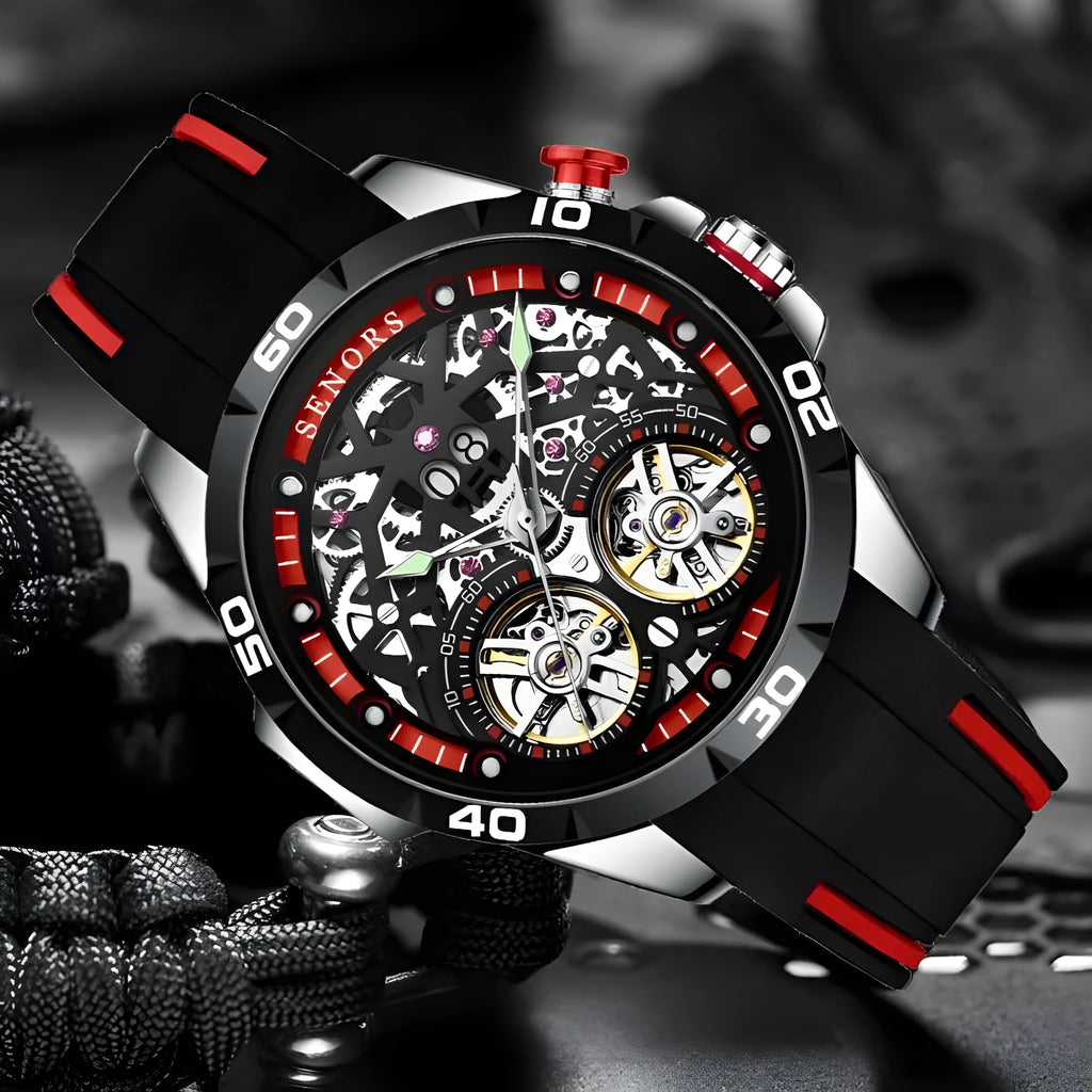 Men's red and blue automatic mechanical watch with luminous hands and hollow skeleton dial on display.
