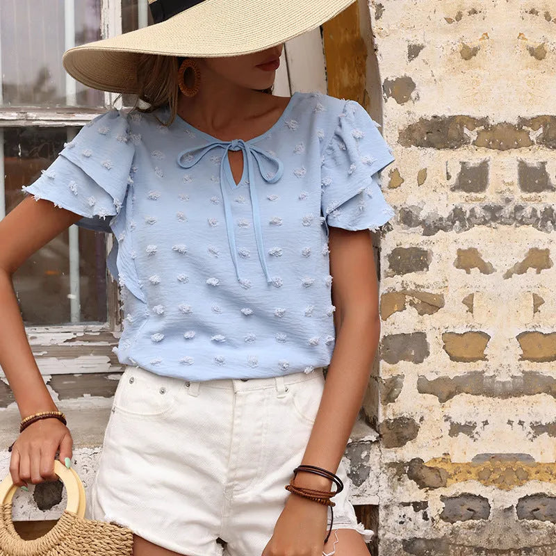 Blue solid colour chiffon jacquard pullover shirt for women with short sleeves and regular fit