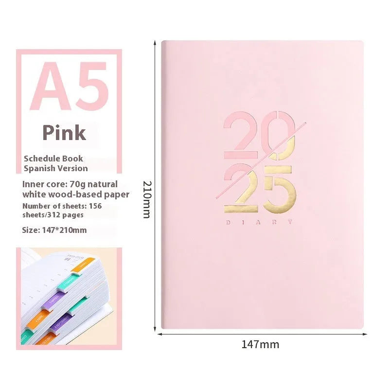A5 faux leather daily planner schedule book open showing Dorian paper pages with 2025 calendar