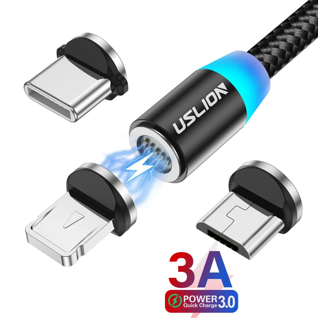 Magnetic 3-in-1 fast charging data cable with 8PIN, Micro USB and TYPE-C connectors, 2m, black red blue options