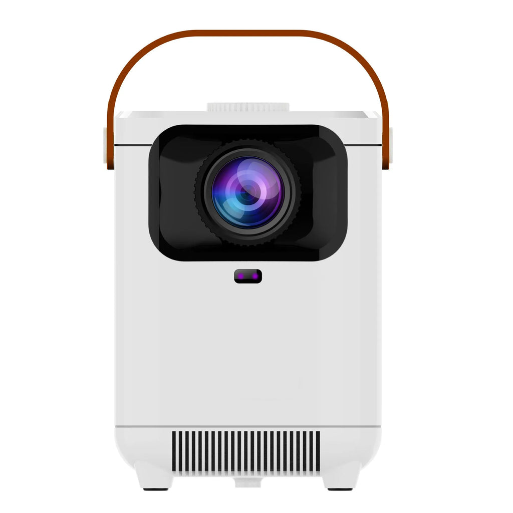 Portable all-in-one HD projector in gray with 720p resolution and 120 lumens brightness
