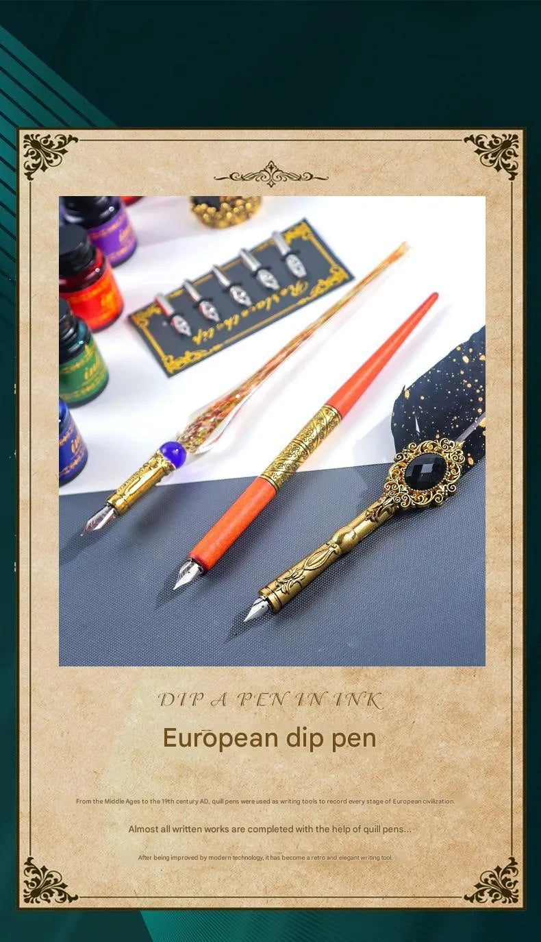 Gray mechanical feather fountain pen set with metal nib and plastic body for calligraphy