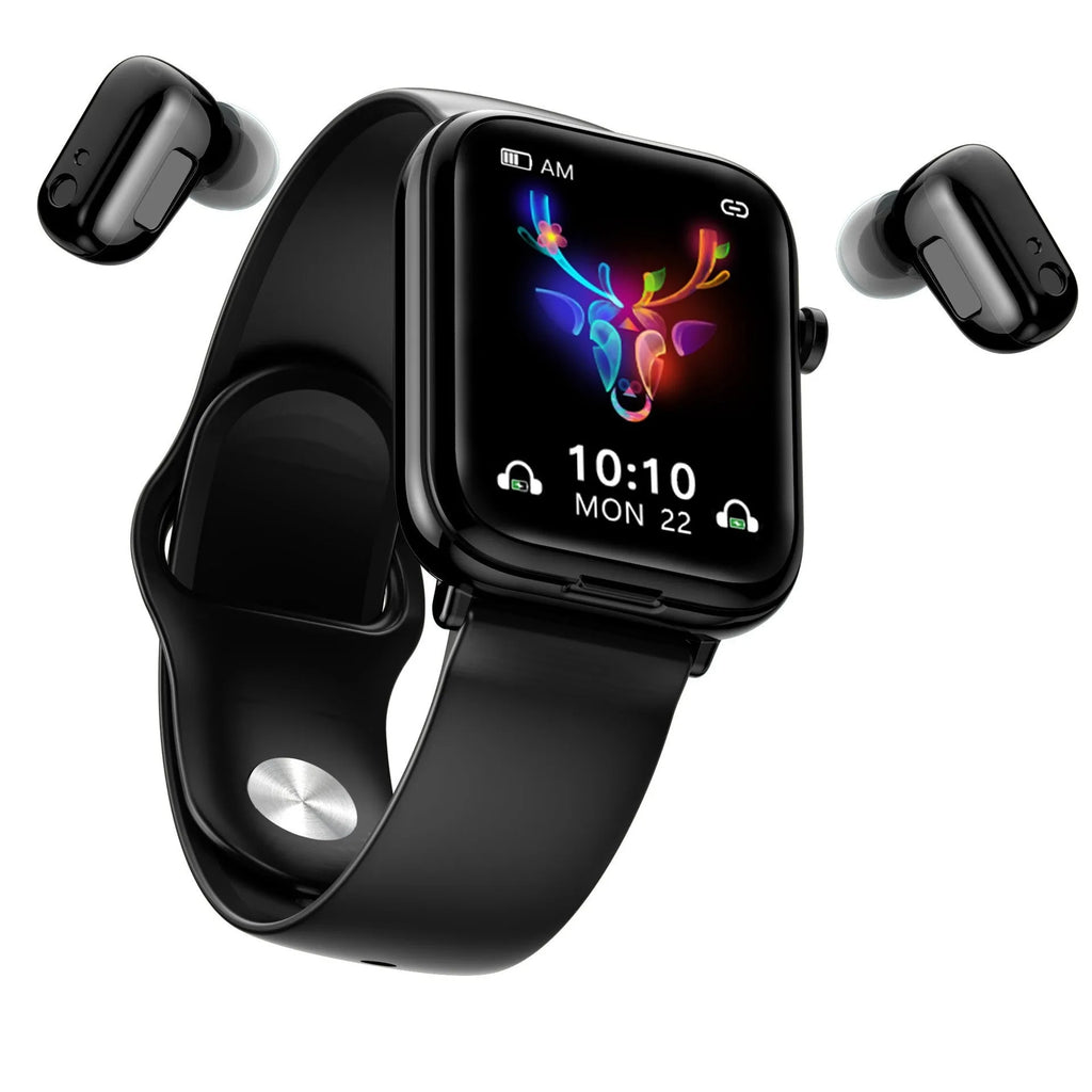 Black zinc-aluminium alloy smartwatch with wireless earbuds and a 1.69-inch touch screen display