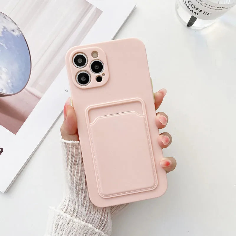 Card fine hole liquid phone case in TPU for Apple iPhone with card slot in back, black colour, simple style