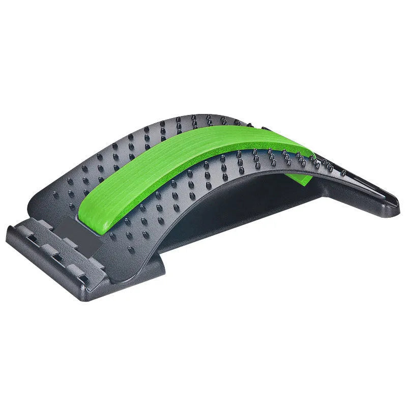 Adjustable back massager and lumbar stretcher in black and colour options, showing massage points.
