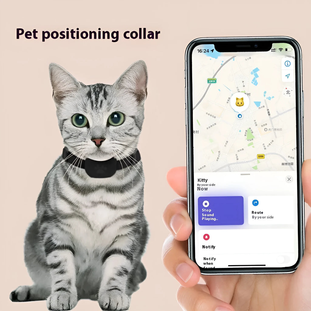 Black Bluetooth pet tracking collar for a cat or puppy, showing adjustable buckle and electronic device.