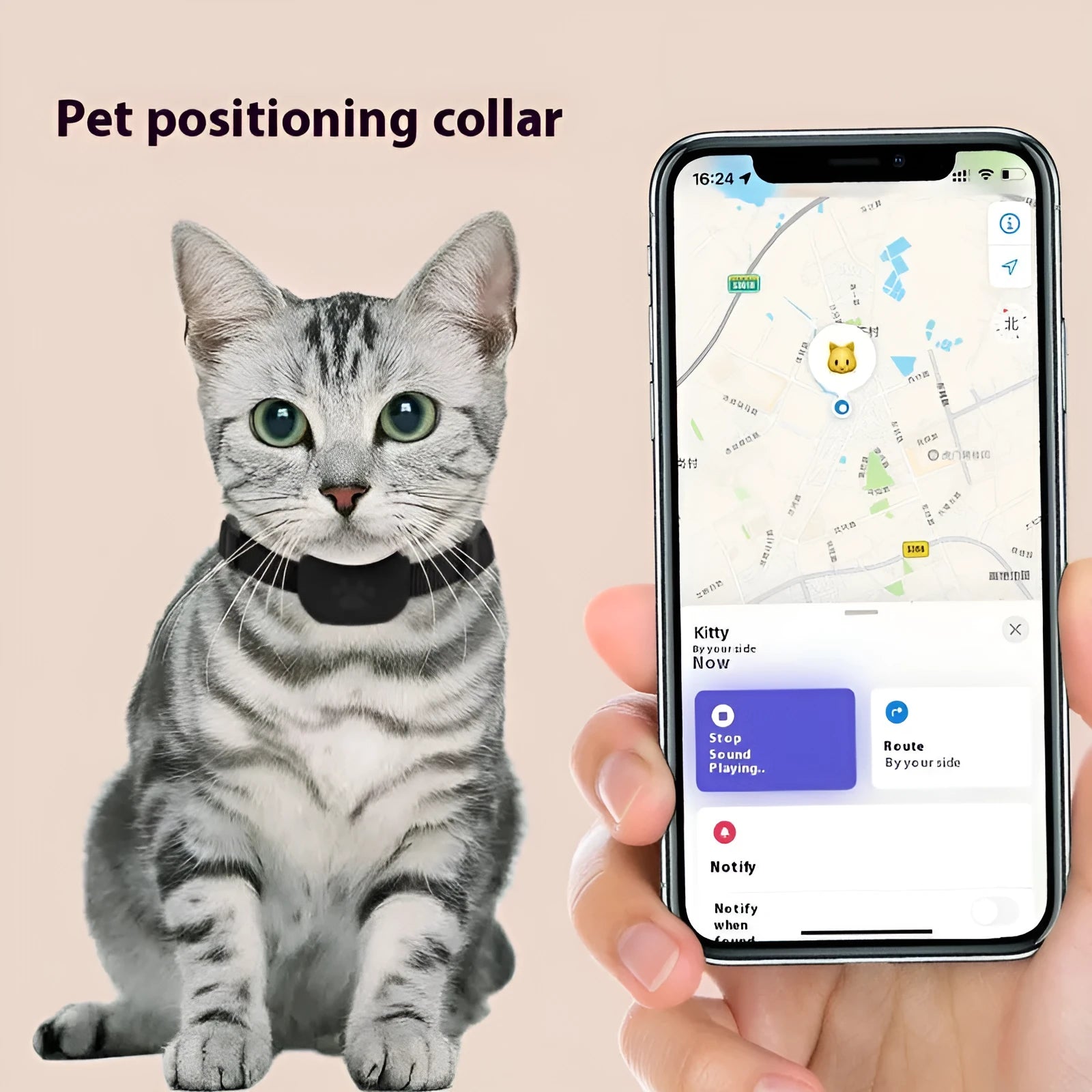 Black Bluetooth pet tracking collar for a cat or puppy, showing adjustable buckle and electronic device.