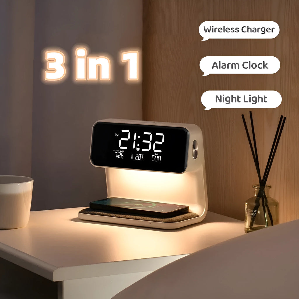 White 3-in-1 bedside lamp with wireless charging pad, LCD alarm clock display, and touch controls.