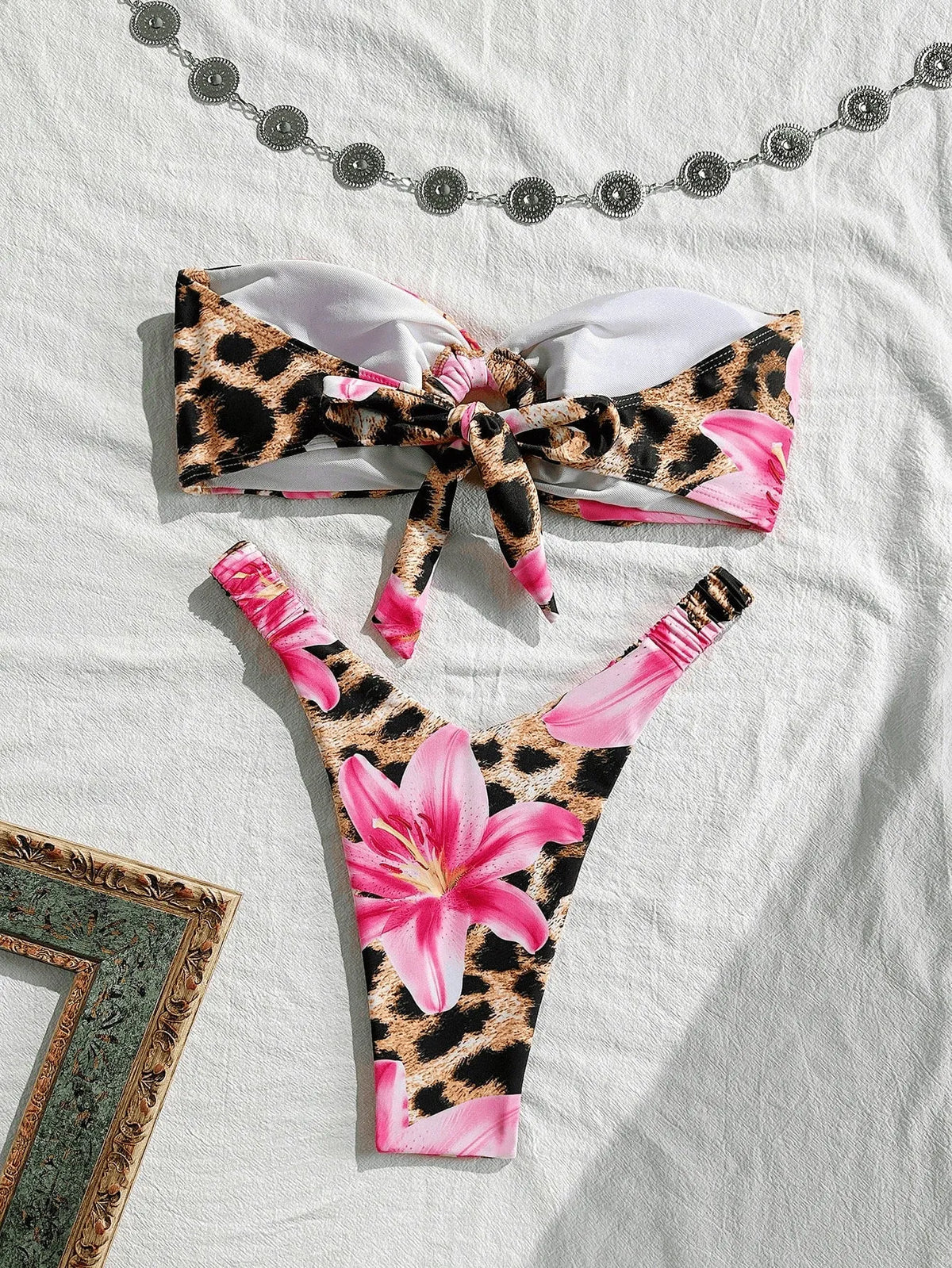 Women's polyester bikini set in pink leopard print, blue, or leopard print, sizes S-XL, tube top with split detail.