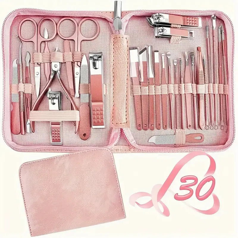 30-piece stainless steel nail beauty tool set in five colour options showing various manicure implements