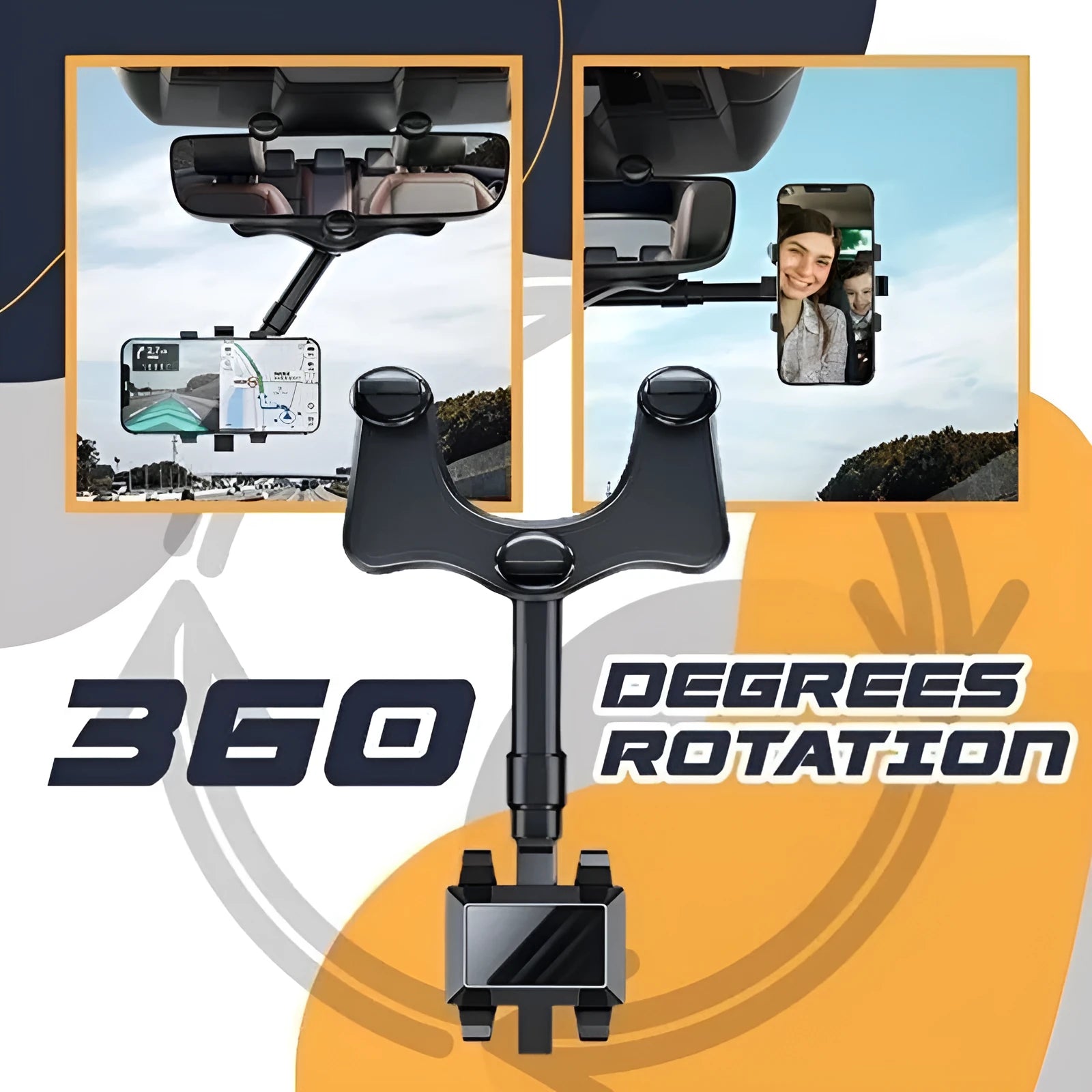 Black rearview mirror car phone holder with rotating head and telescopic arm extended