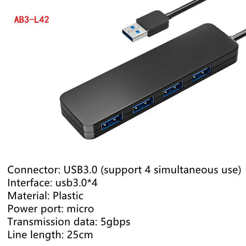 USB 3.0 hub with 4 ports, LED indicators, and 30cm connecting cable for laptop and desktop computers