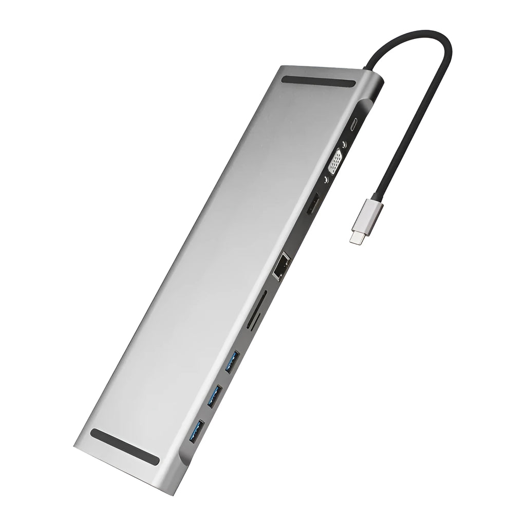 Aluminium alloy USB-C docking station with cooling bracket, ten ports including HDMI and VGA.