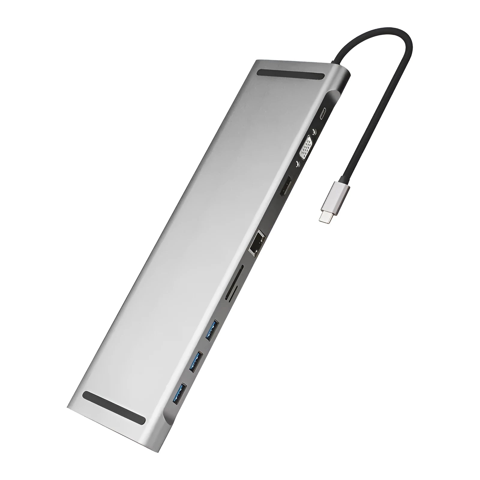 Aluminium alloy USB-C docking station with cooling bracket, ten ports including HDMI and VGA.