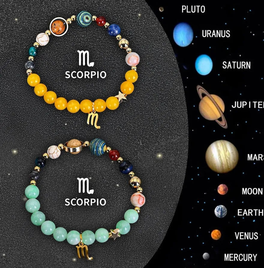 Two natural stone bead bracelets with engraved zodiac charms on a stretch elastic cord.