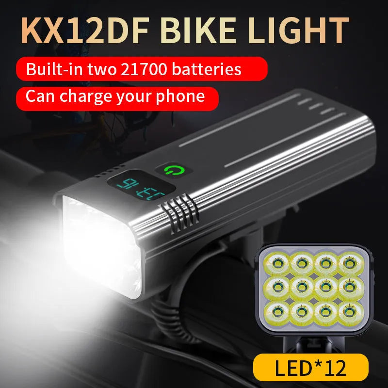 Black KX12DF digital display bicycle headlight with aluminium alloy body mounted on a handlebar bracket.
