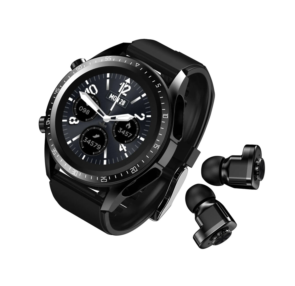 Black multifunctional smart bracelet watch with round plain dial and stainless steel case on light background