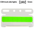 Waterproof aluminium alloy LED side light for trucks, showing bright COB illumination in blue, mounted near a vehicle tyre.