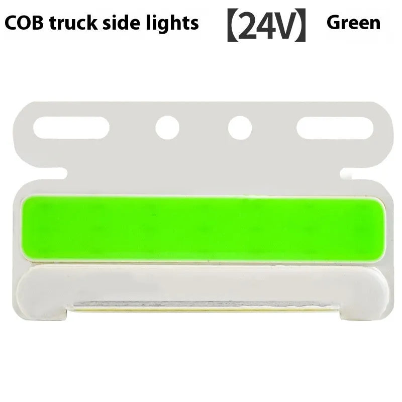 Waterproof aluminium alloy LED side light for trucks, showing bright COB illumination in blue, mounted near a vehicle tyre.