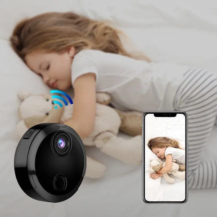 HDQ15 home security camera with bracket and back clip on a white background showing its compact 45x45x13mm size