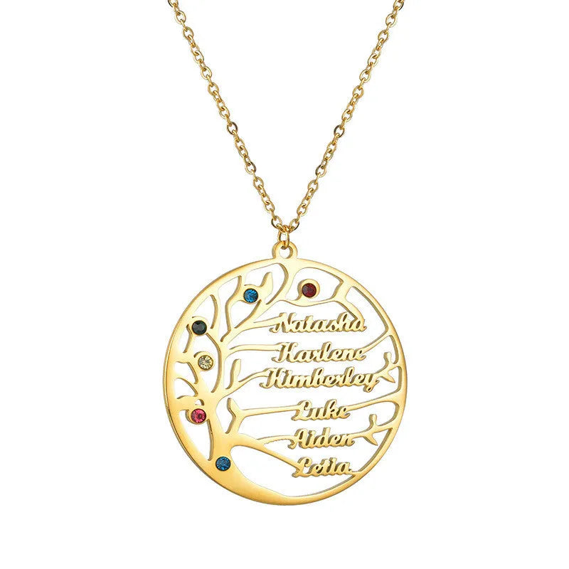 Personalised gold stainless steel Tree of Life necklace with custom name engraving on a white background