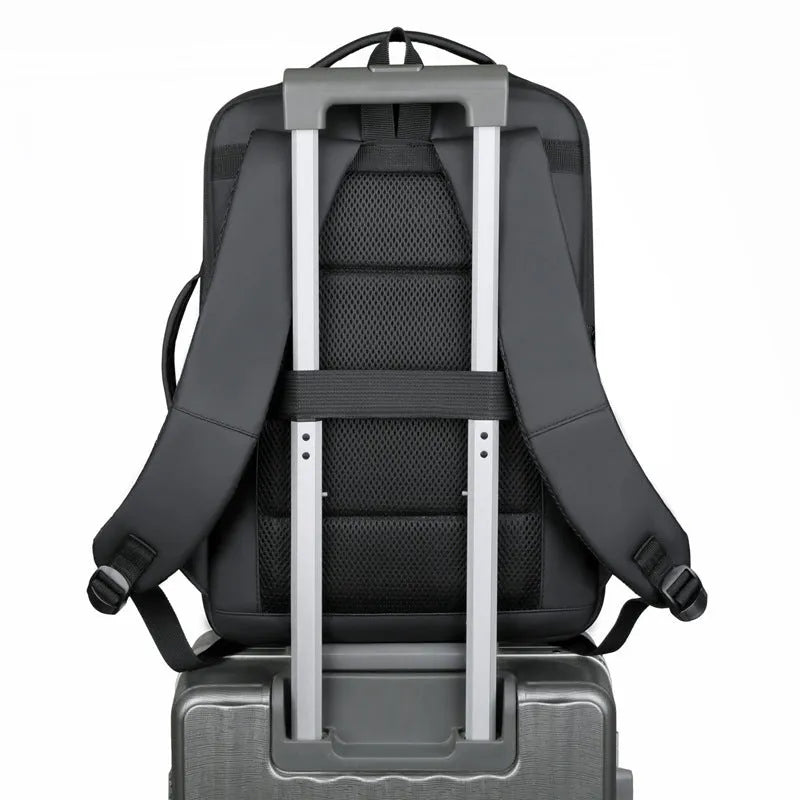 Men's large capacity waterproof Oxford cloth business backpack with curved shoulder straps in black