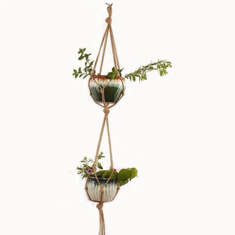 Cotton rope woven wire plant holder with rustic design for hanging or desktop display