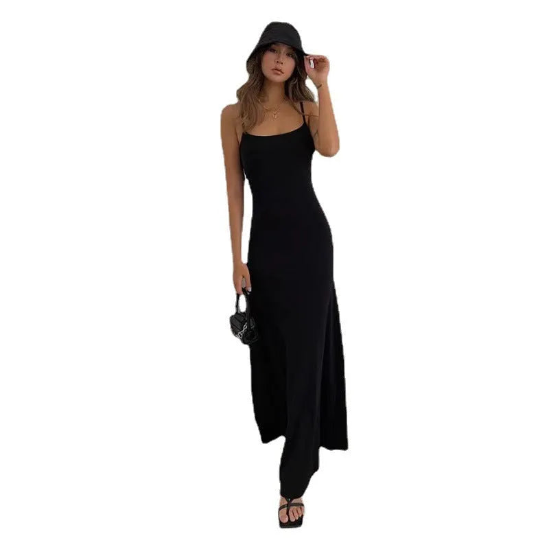 Sweet And Spicy waist-cinching backless dress long skirt asymmetric shoulder polyester women's black