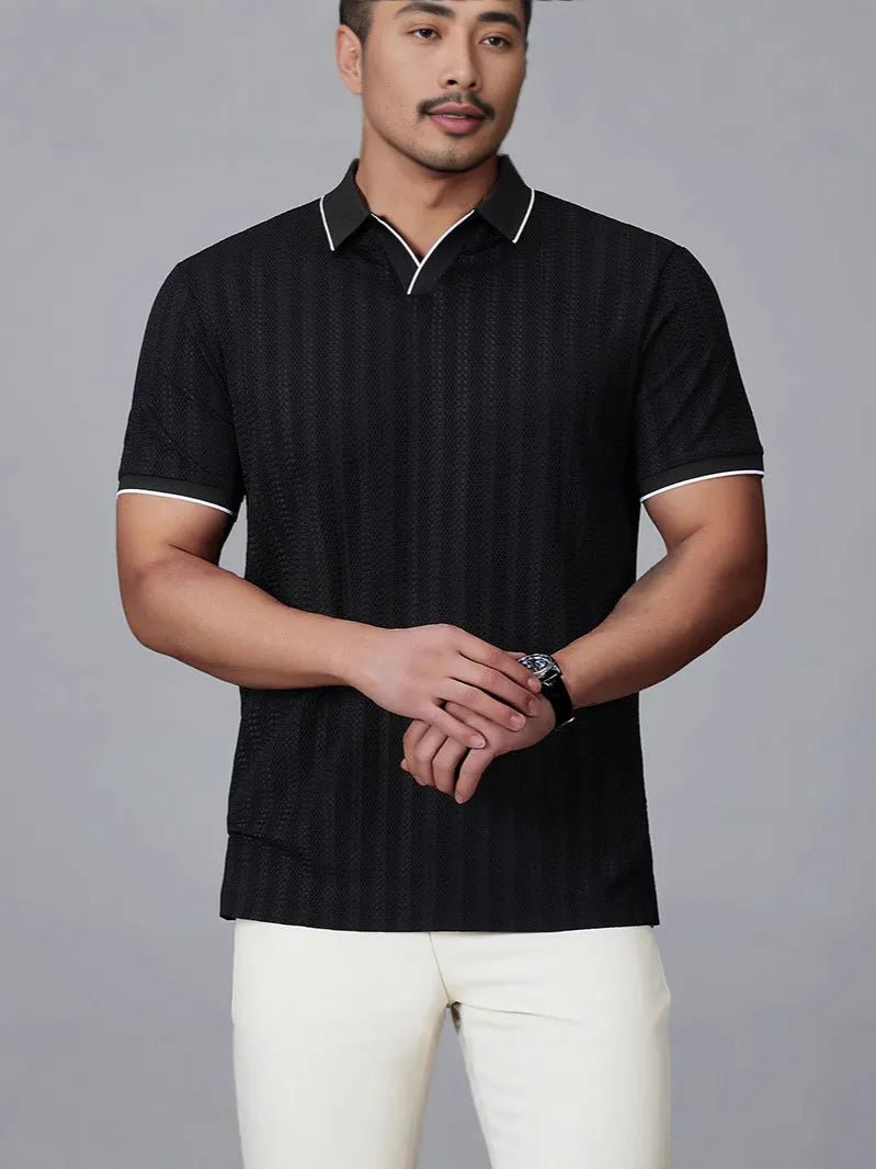 Men's light grey nylon polo shirt with short sleeves on hanger