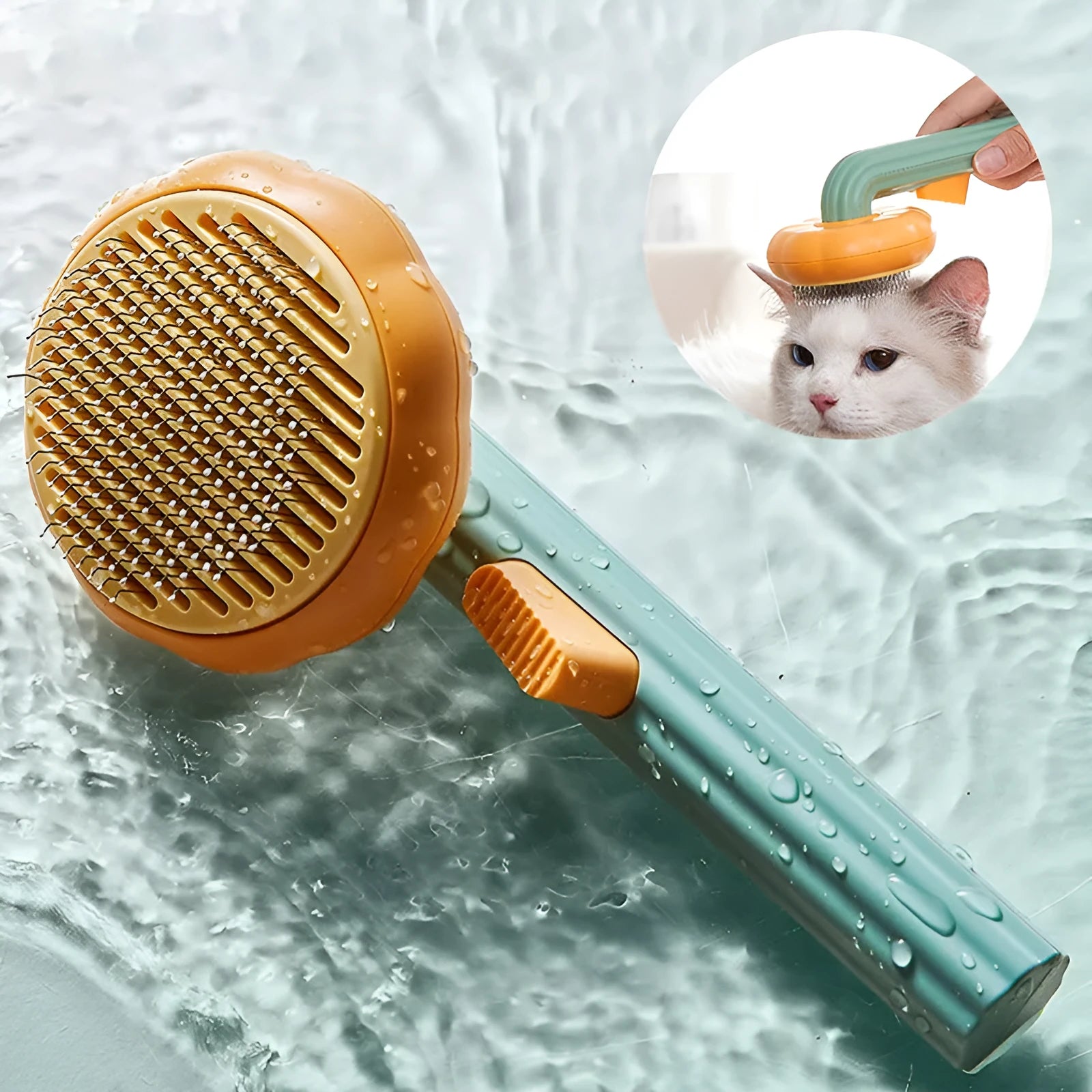 Pumpkin-coloured self-cleaning pet grooming brush with stainless steel needles for cats and dogs.