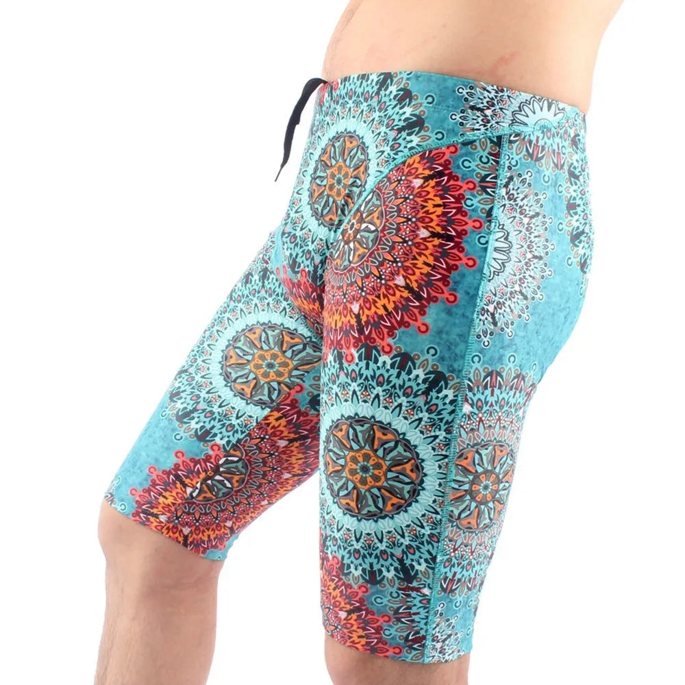 Men's green and navy blue quick-drying nylon swimming trunks with loose anti-embarrassment design