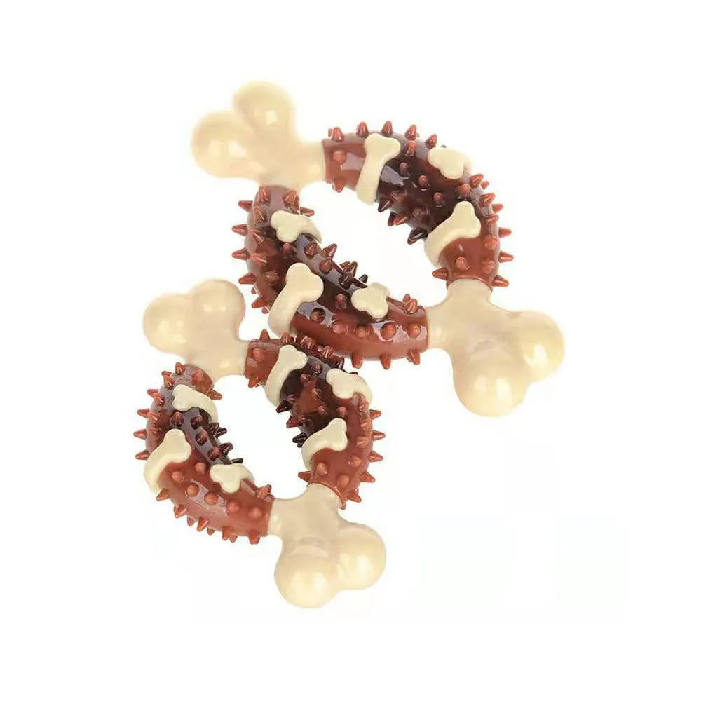 Bone-shaped natural rubber dog molar chew toy in two sizes for teeth grinding and anxiety relief.
