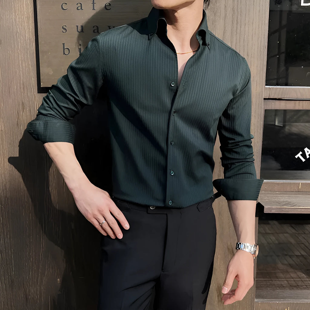 Men's striped V-neck long sleeve casual shirt in polyester blend fabric available in multiple colours