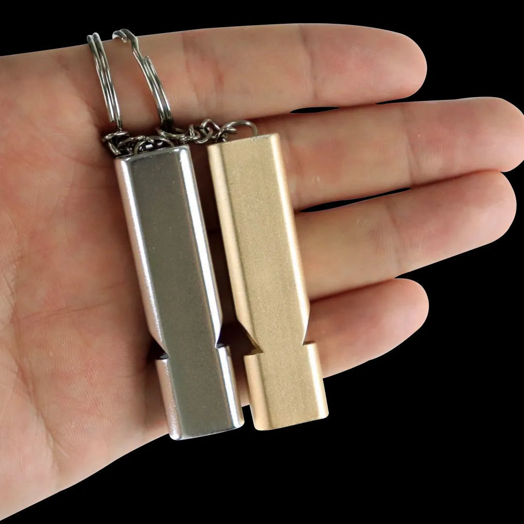 Double hole aluminium alloy whistle in silver and gold colours for outdoor survival signalling