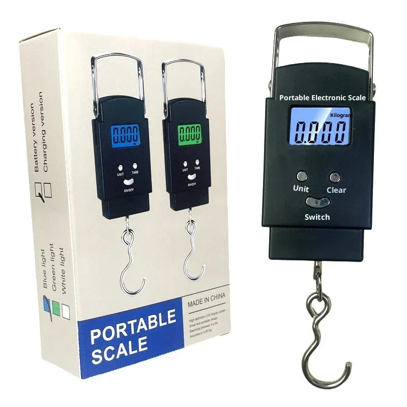 Mini handheld electronic scale with 50kg capacity and blue backlight option for luggage and shopping