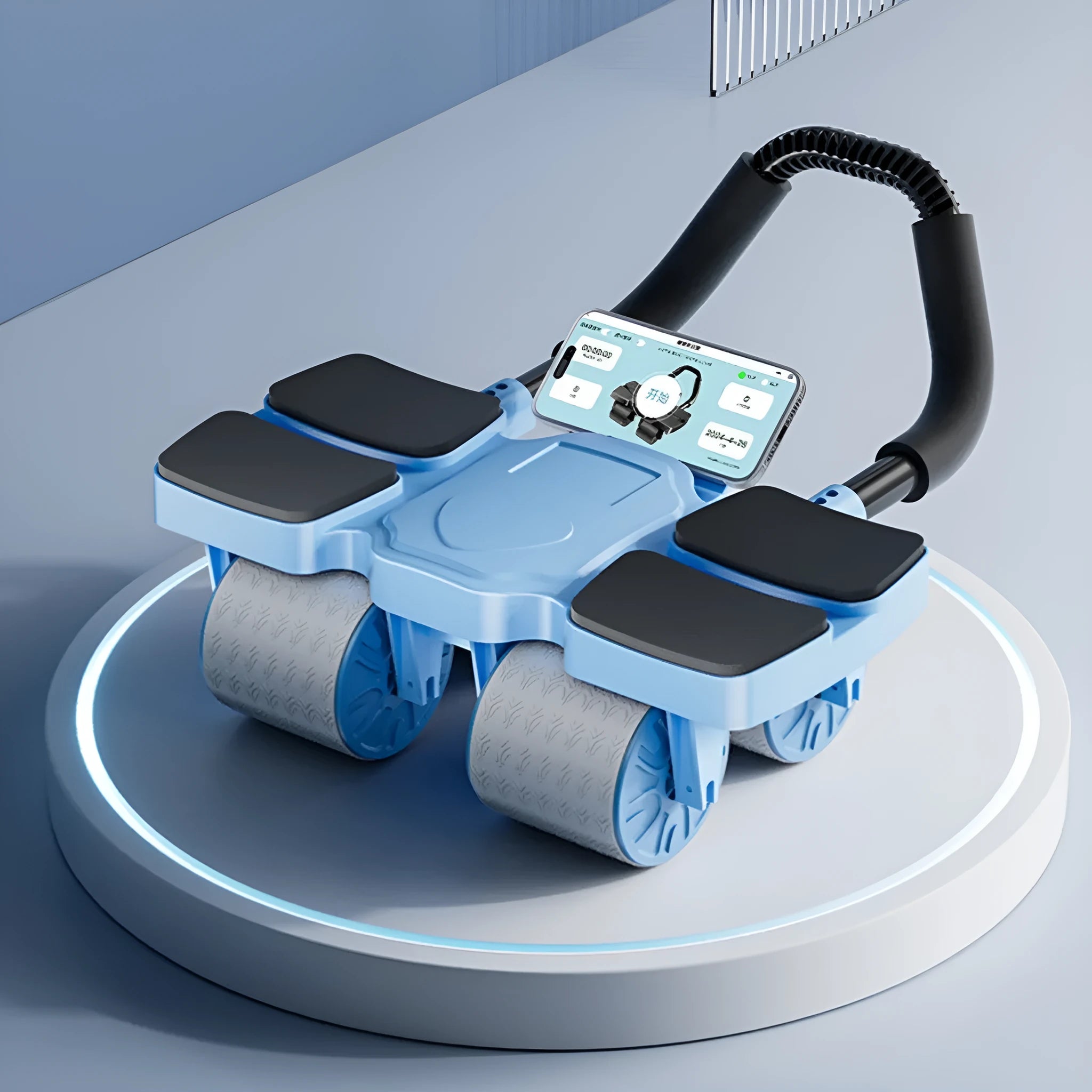 Black abdominal wheel with automatic rebound, four blue wheels, and ergonomic rubber handles on a gym mat.