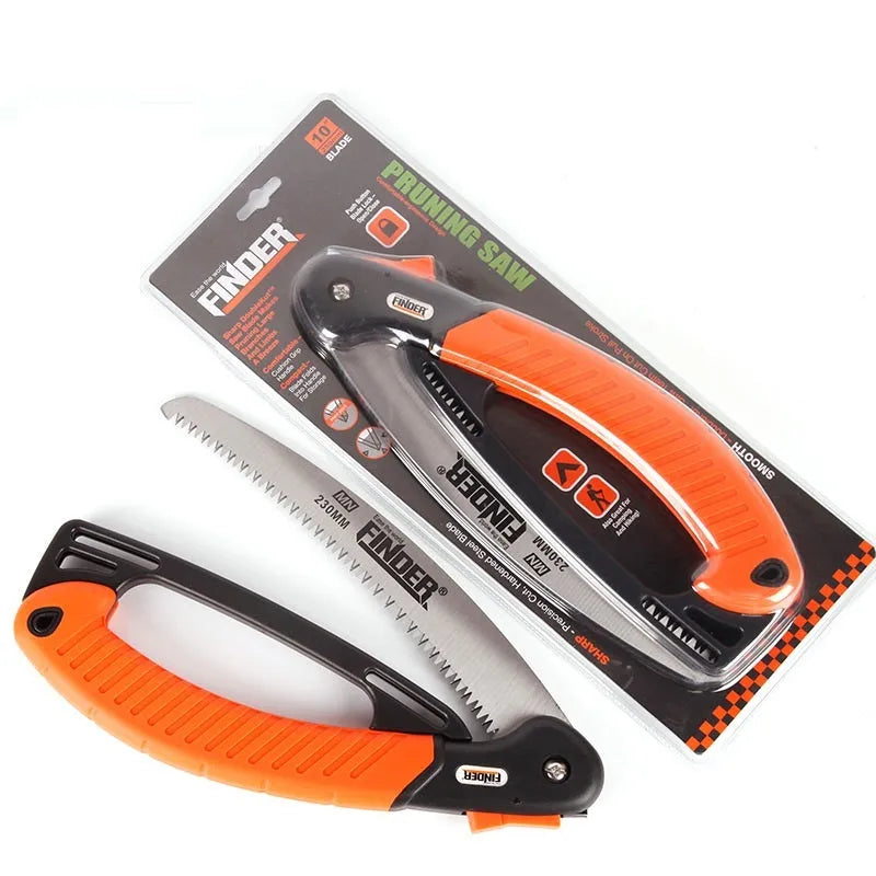 Garden folding trunk saw with 9-inch blade shown open and folded, featuring a TPR handle.