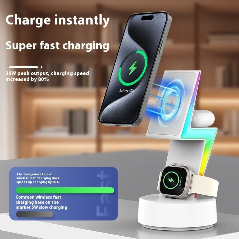 Lightning three-in-one wireless charger in white or black for mobile phone, watch and headset with fast charge and 15 maximum output power