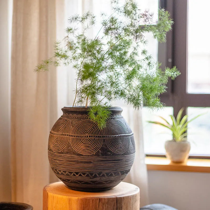 Medium cement African art decorative flower pot with ethnic design and drainage holes