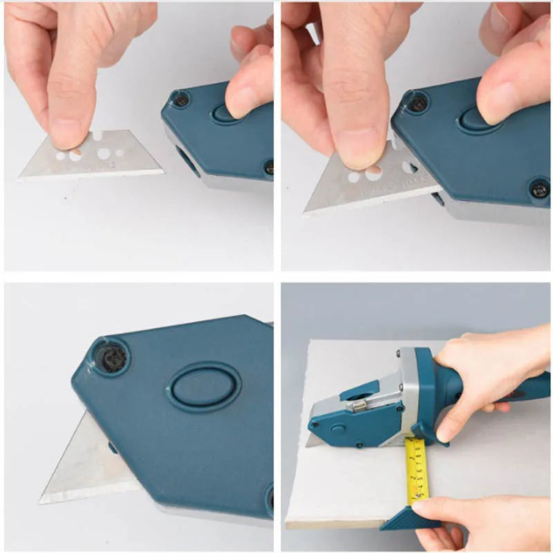 Blue multifunctional woodworking cutter with tape measure and one-press lock for precise material cutting