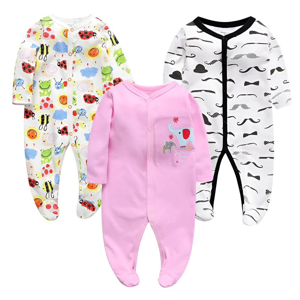 Cotton one-piece baby clothes showing dinosaur print and size options