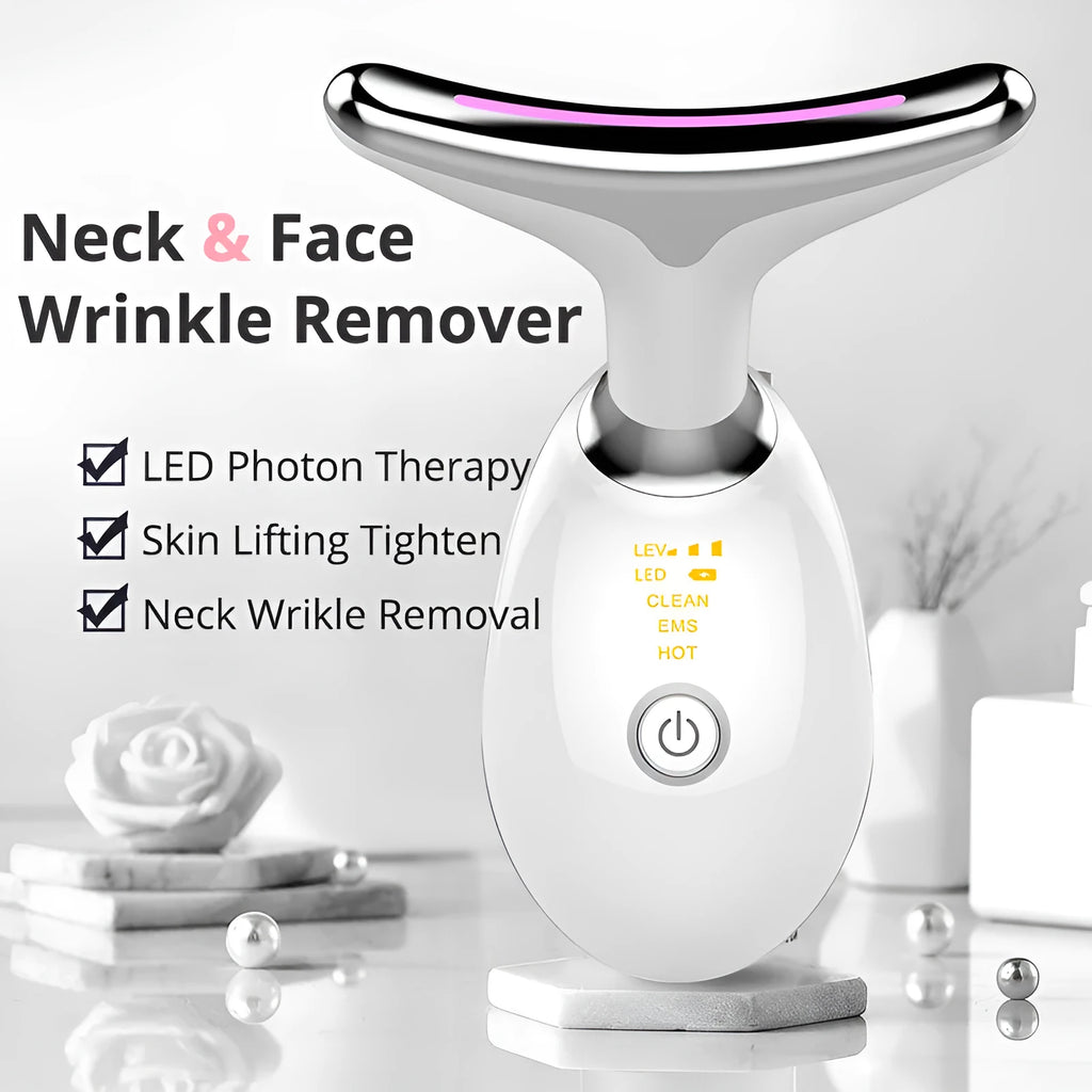 White EMS thermal neck lifting massager device with display screen, shown with USB cable and moisturiser.