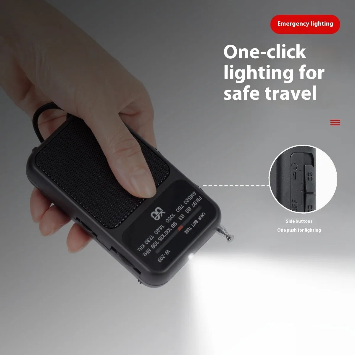 Portable FM/AM pocket radio in black with built-in flashlight, ABS construction, 110x60x27mm