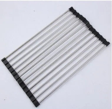 Folding stainless steel and plastic kitchen sink drain rack in blue, shown extended for use and collapsed for storage.