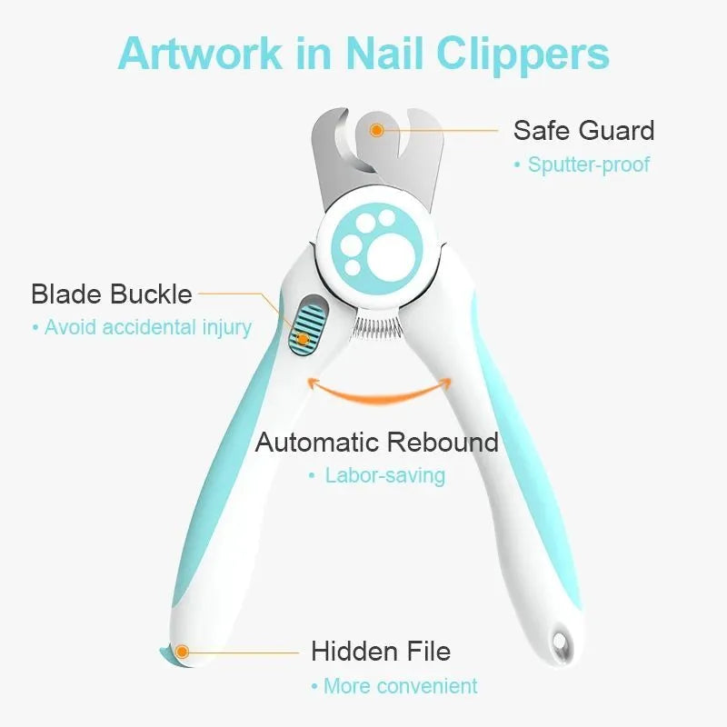Blue and white professional pet nail clipper with stainless steel blades and safety lock