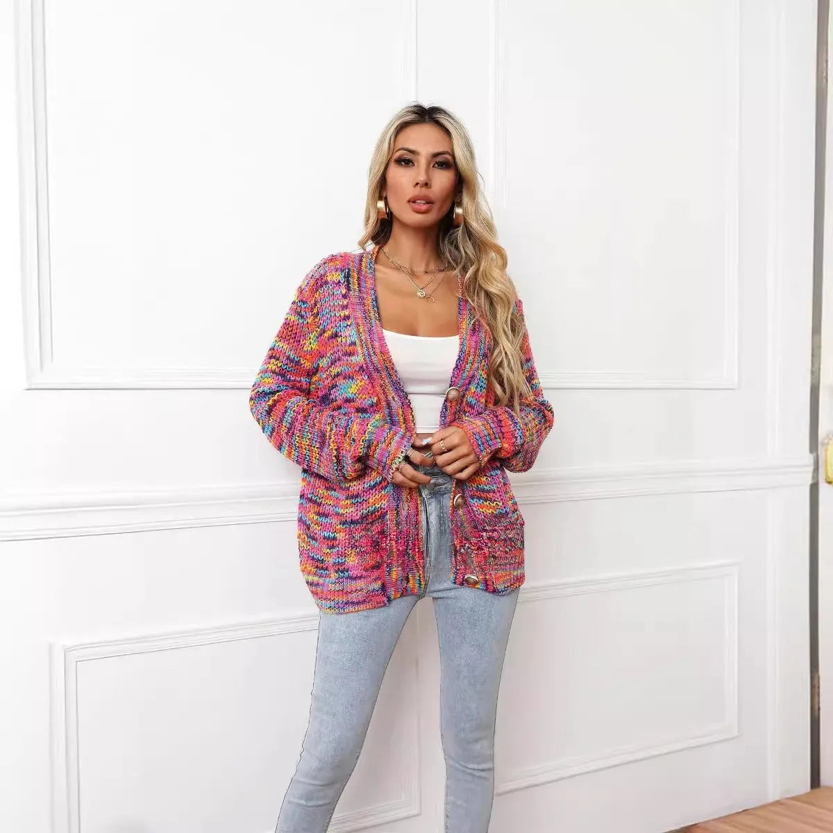 Rainbow mixed colour festival dyed short cardigan knitted coat with striped pattern