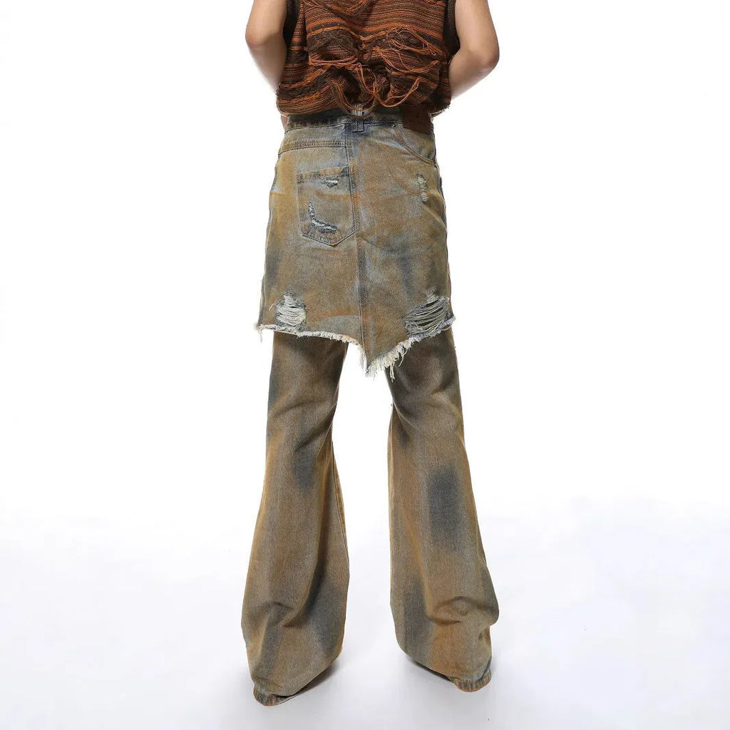 American Street loose hole bootcut pants in denim with high waist and straight-leg cut