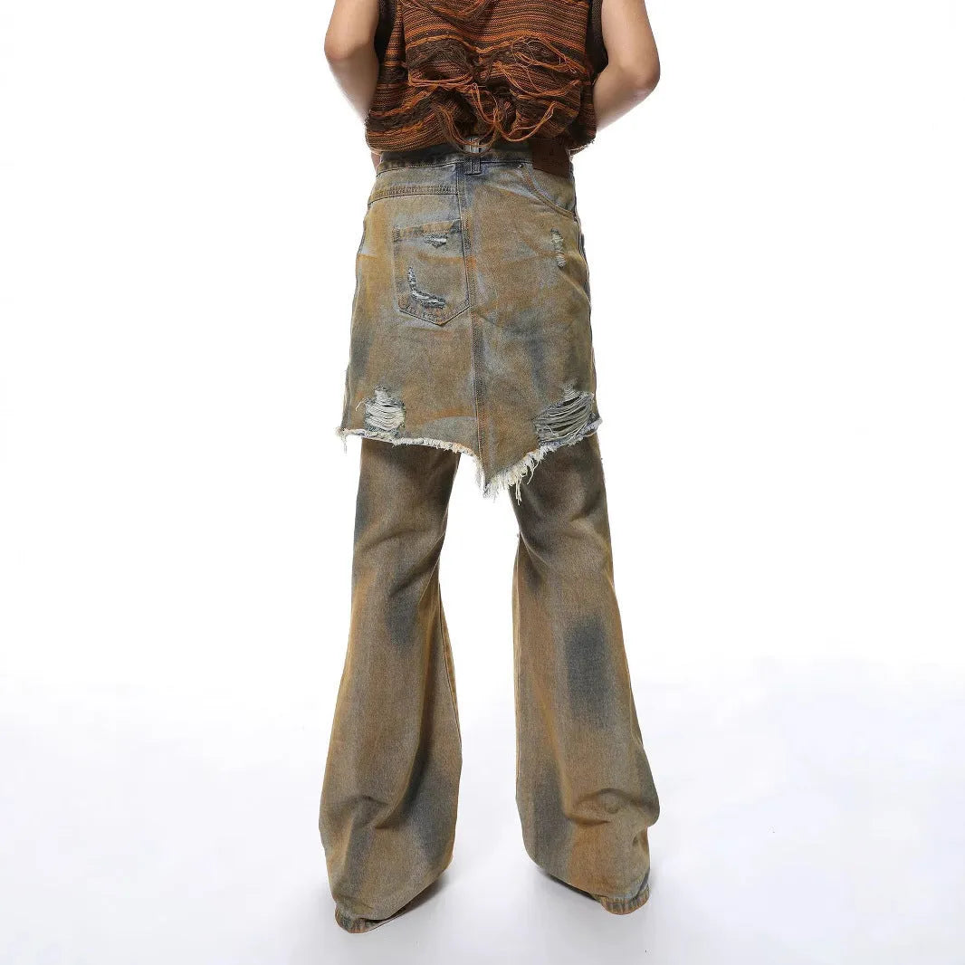 American Street loose hole bootcut pants in denim with high waist and straight-leg cut