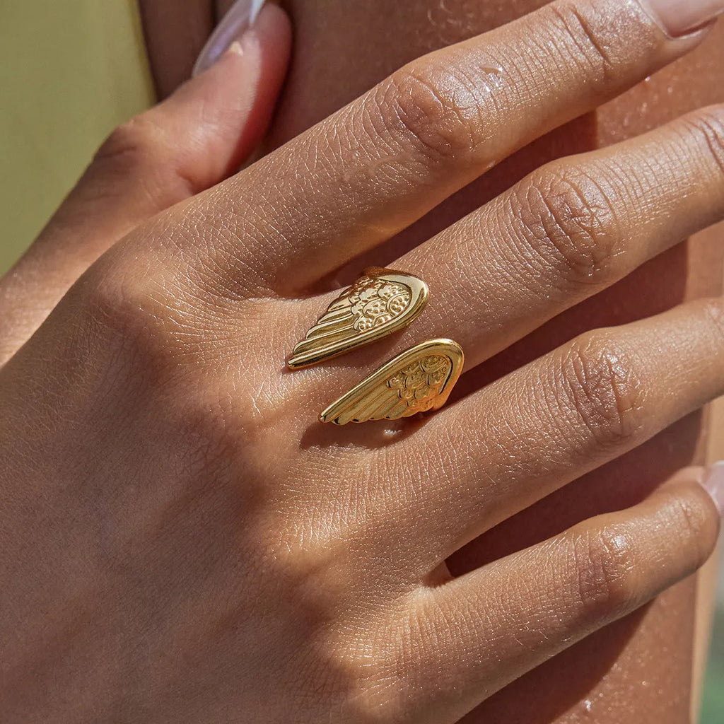 Stainless steel wings ring with an opening adjustment, shown in an electroplated colour finish.