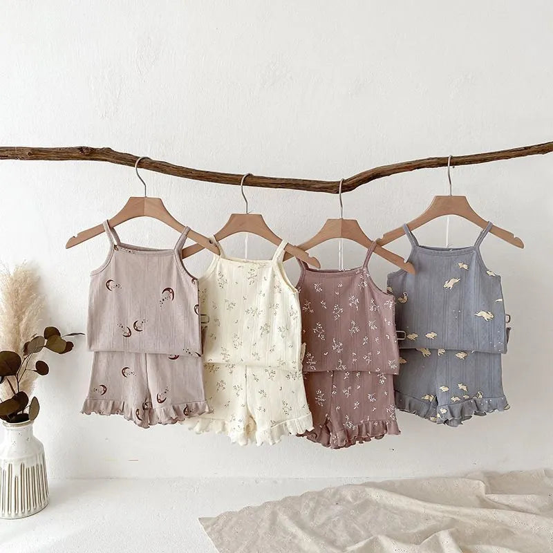 Girls' Camisole Shorts Two-piece Set Breathable Home Clothing Cotton Summer Casual Pyjama Set for Kids Ages 2-6 Years Pink Floret Beige Small Flower Moon Blue Rabbit Multiple Sizes 90-140cm